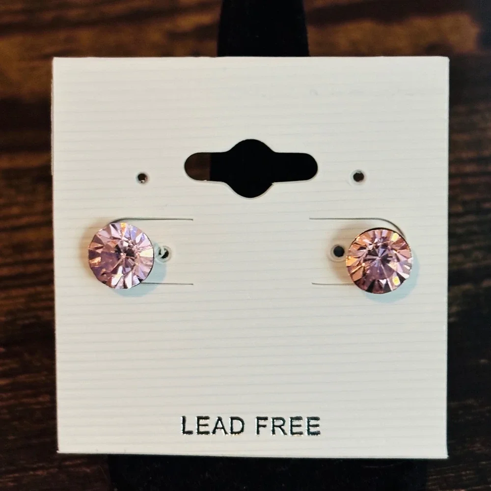 Pink Crystal Stud Earrings Round Cut Lead Free Sparkly Jewelry